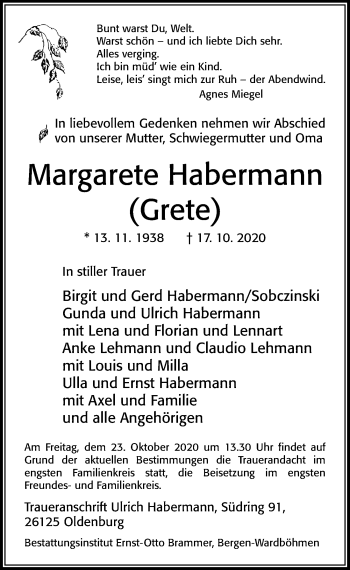 Traueranzeige von Margarete Habermann von Cellesche Zeitung