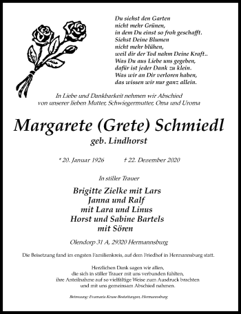 Traueranzeige von Margarete Schmiedl von Cellesche Zeitung
