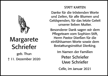 Traueranzeige von Margarete Schriefer von Cellesche Zeitung