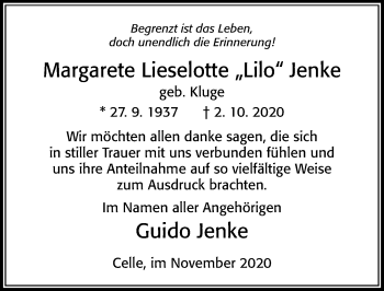 Traueranzeige von Margarete Lieselotte Jenke von Cellesche Zeitung