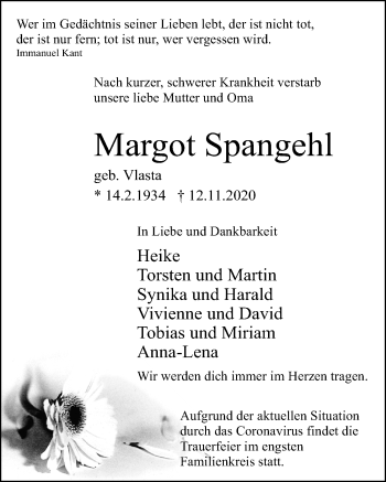 Traueranzeige von Margot Spangehl von Cellesche Zeitung