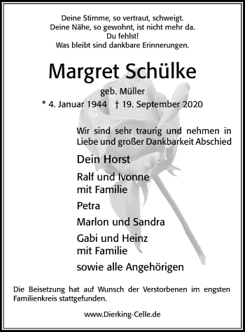 Traueranzeige von Margret Schülke von Cellesche Zeitung