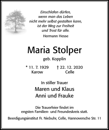 Traueranzeige von Maria Stolper von Cellesche Zeitung