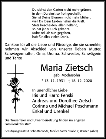 Traueranzeige von Maria Zietsch von Cellesche Zeitung