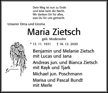 Traueranzeige von Maria Zietsch von Cellesche Zeitung