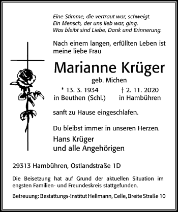 Traueranzeige von Marianne Krüger von Cellesche Zeitung