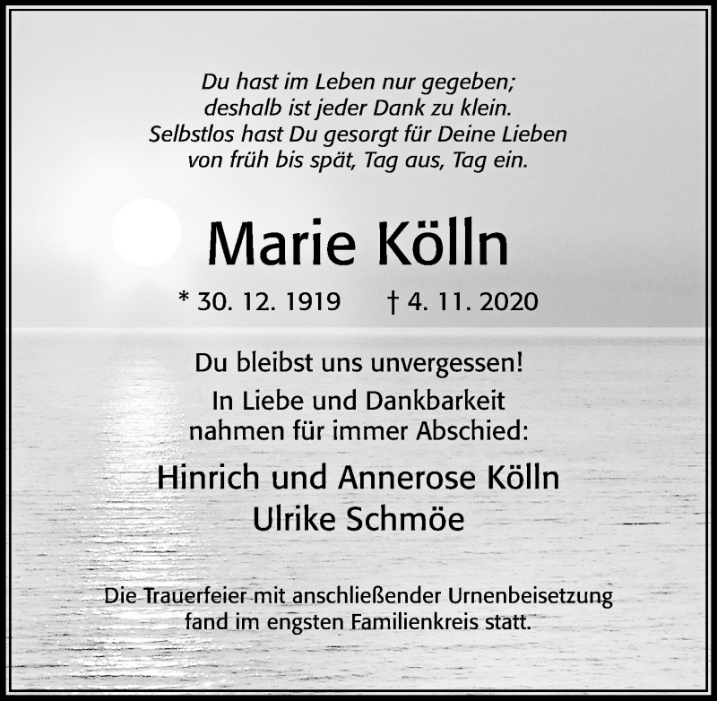  Traueranzeige für Marie Kölln vom 12.12.2020 aus Cellesche Zeitung