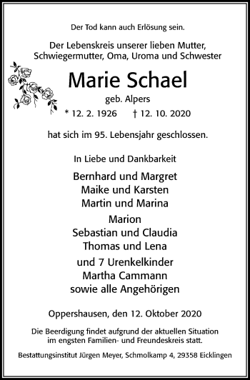 Traueranzeige von Marie Schael von Cellesche Zeitung