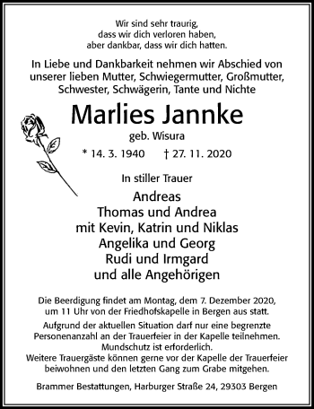 Traueranzeige von Marlies Jannke von Cellesche Zeitung