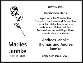 Traueranzeige von Marlies Jannke von Cellesche Zeitung