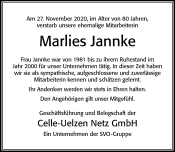 Traueranzeige von Marlies Jannke von Cellesche Zeitung