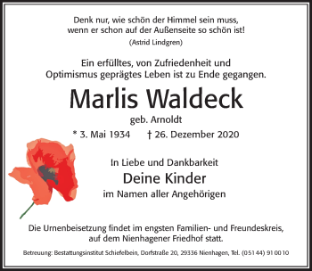 Traueranzeige von Marlis Waldeck von Cellesche Zeitung