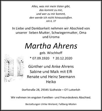 Traueranzeige von Martha Ahrens von Cellesche Zeitung