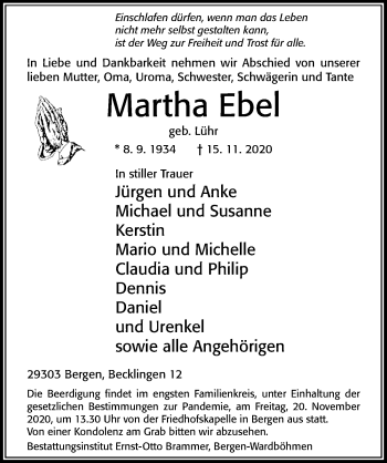Traueranzeige von Martha Ebel von Cellesche Zeitung