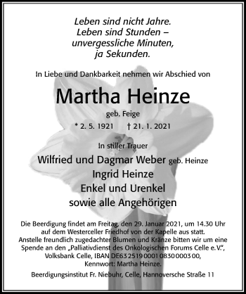 Traueranzeige von Martha Heinze von Cellesche Zeitung