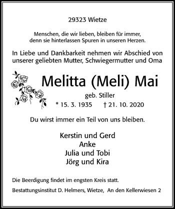 Traueranzeige von Melitta Mai von Cellesche Zeitung