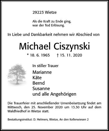 Traueranzeige von Michael Ciszynski von Cellesche Zeitung