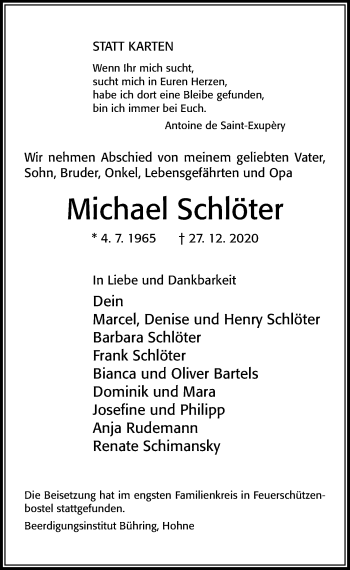 Traueranzeige von Michael Schlöter von Cellesche Zeitung