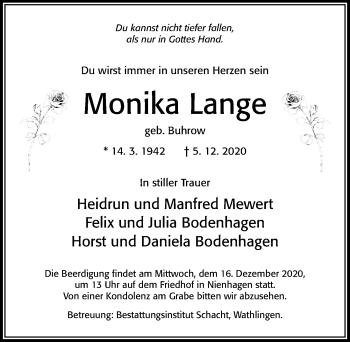 Traueranzeige von Monika Lange von Cellesche Zeitung