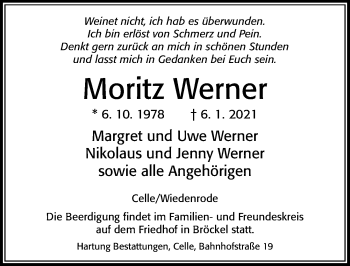 Traueranzeige von Moritz Werner von Cellesche Zeitung