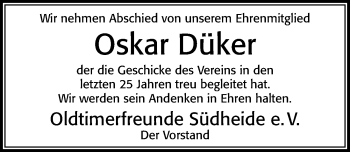 Traueranzeige von Oskar Düker von Cellesche Zeitung