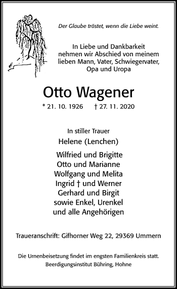 Traueranzeige von Otto Wagener von Cellesche Zeitung