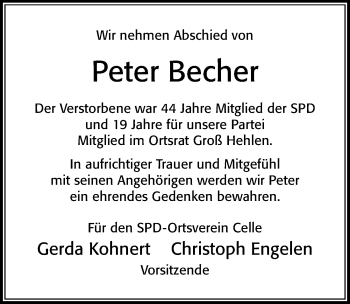 Traueranzeige von Peter Becher von Cellesche Zeitung