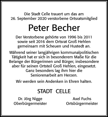 Traueranzeige von Peter Becher von Cellesche Zeitung