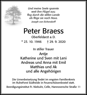 Traueranzeige von Peter Braess von Cellesche Zeitung