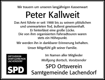 Traueranzeige von Peter Kallweit von Cellesche Zeitung