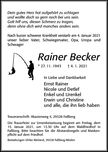 Traueranzeige von Rainer Becker von Cellesche Zeitung