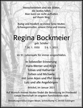 Traueranzeige von Regina Bockmeier von Cellesche Zeitung