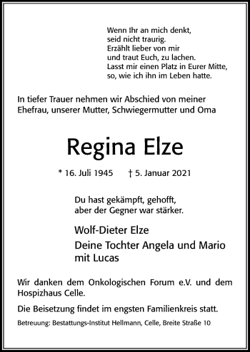 Traueranzeige von Regina Elze von Cellesche Zeitung