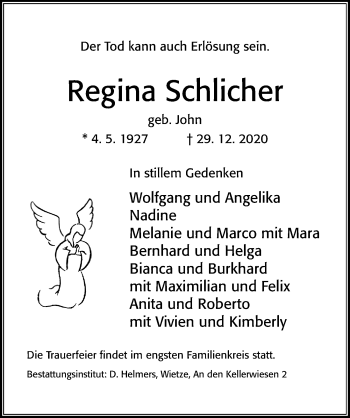Traueranzeige von Regina Schlicher von Cellesche Zeitung