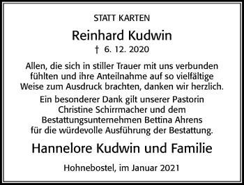 Traueranzeige von Reinhard Kudwin von Cellesche Zeitung