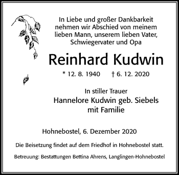 Traueranzeige von Reinhard Kudwin von Cellesche Zeitung