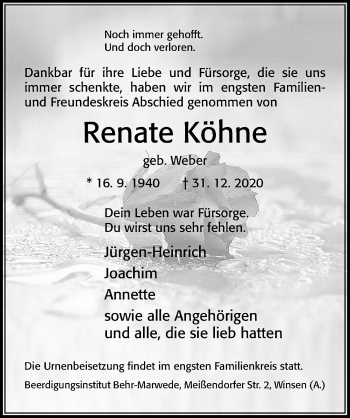 Traueranzeige von Renate Köhne von Cellesche Zeitung