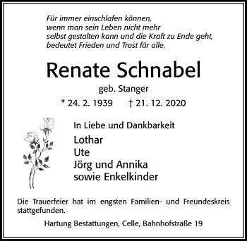 Traueranzeige von Renate Schnabel von Cellesche Zeitung