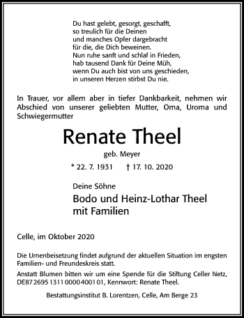 Traueranzeige von Renate Theel von Cellesche Zeitung