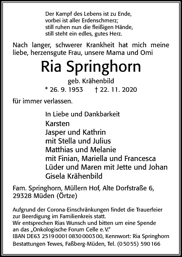  Traueranzeige für Ria Springhorn vom 24.11.2020 aus Cellesche Zeitung