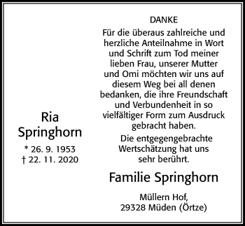 Traueranzeige von Ria Springhorn von Cellesche Zeitung