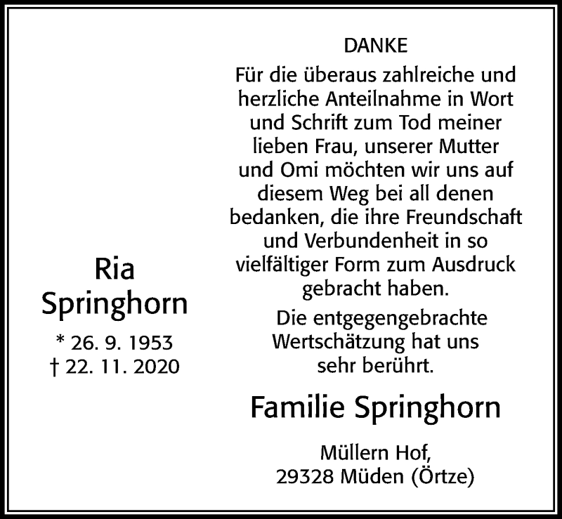  Traueranzeige für Ria Springhorn vom 12.12.2020 aus Cellesche Zeitung