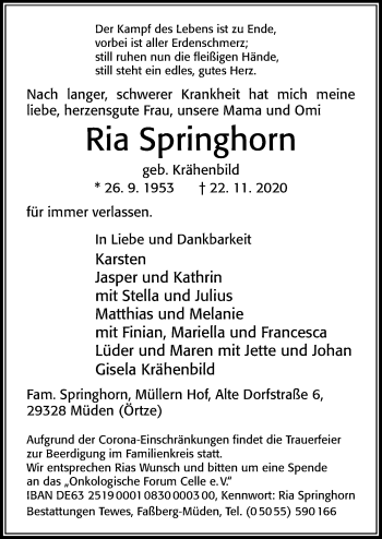 Traueranzeige von Ria Springhorn von Cellesche Zeitung