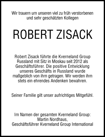 Traueranzeige von Robert Zisack von Cellesche Zeitung
