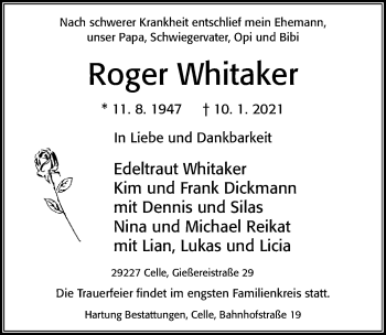 Traueranzeige von Roger Whitaker von Cellesche Zeitung