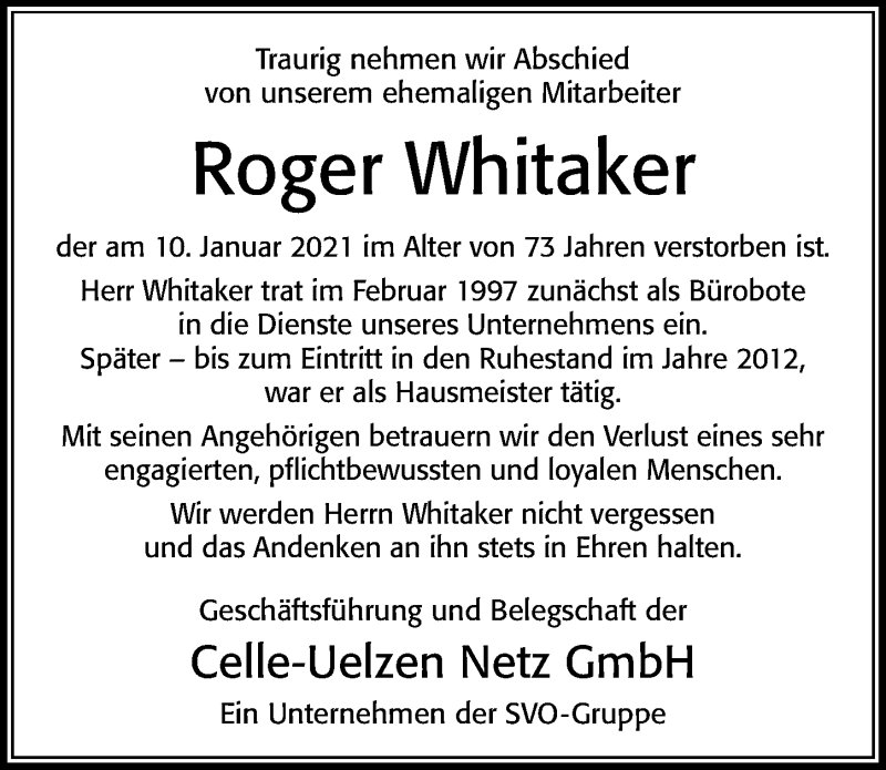  Traueranzeige für Roger Whitaker vom 16.01.2021 aus Cellesche Zeitung