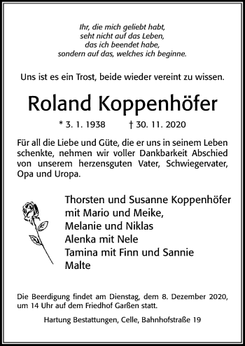Traueranzeige von Roland Koppenhöfer von Cellesche Zeitung