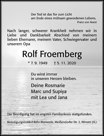 Traueranzeige von Rolf Froemberg von Cellesche Zeitung