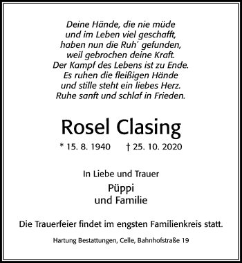 Traueranzeige von Rosel Clasing von Cellesche Zeitung