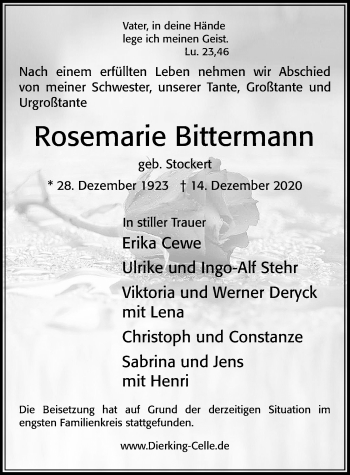 Traueranzeige von Rosemarie Bittermann von Cellesche Zeitung